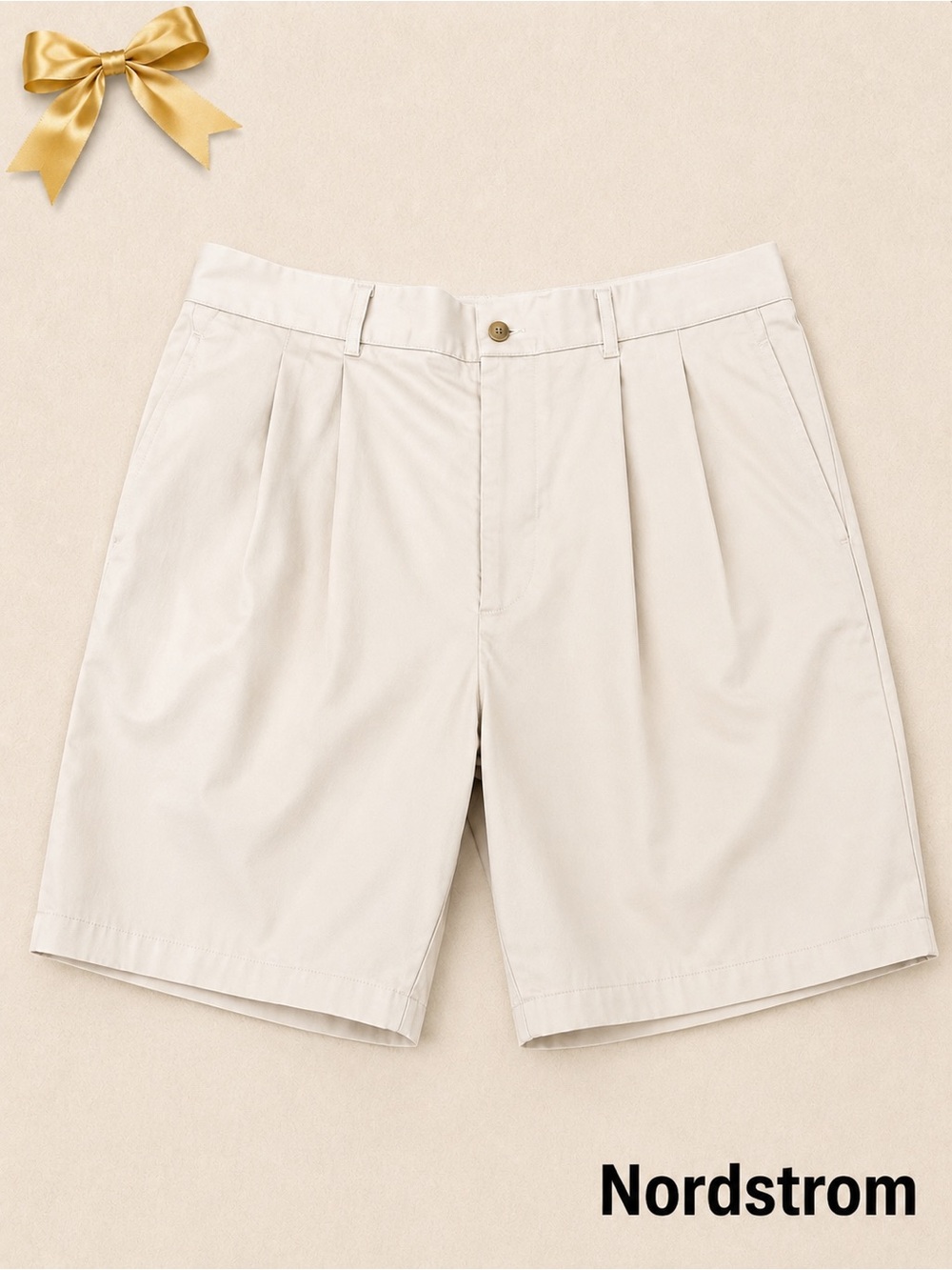Nordstrom Pleated Shorts 36W Beige Smartcare 100% Supima Cotton Wrinklefree